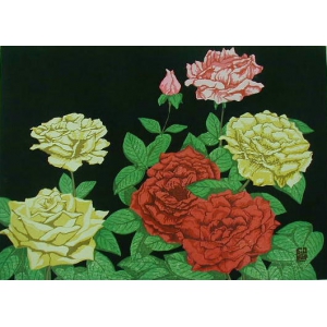 井上 豊久(いのうえ とよひさ)の木版画作品 題:バラ 専用額付き(簡易化粧箱入り)