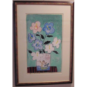 はな・・花・・・華、ジャパン贔屓(じゃぱんびいき)で!!黒木 郁朝(くろき いくとも)の木版画作品 題名:むくげの花 専用額付き(簡易化粧箱入り)
