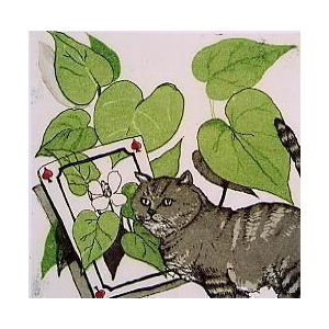 トランプは!!?牛尾 篤(うしお あつし)の銅版画作品 題名:猫とドクダミ(ねことどくだみ) 専用メイド額付き(簡易化粧箱入り)