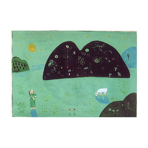 夜空に、基本です!!!黒木 郁朝(くろき いくとも)の木版画作品 題名:草の笛(くさのふえ) 専用額付き(簡易化粧箱入り)