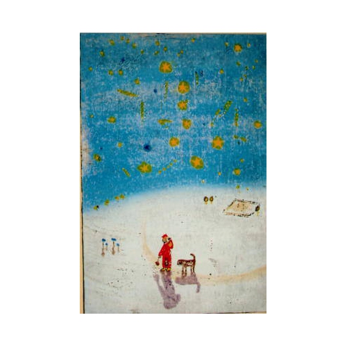 テーマは、星の周りで・・・さてさて、あそび・・・・!!黒木 郁朝(くろき いくとも)の木版画作品 題名:版画集「おとぎの国」其の3 七つの星(おとぎのくに そのさん ななつのほし) 専用オリジナル額付き(簡易化粧箱入り)