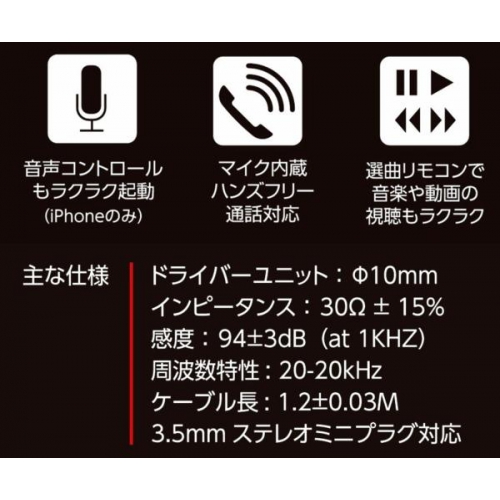 ★iPhone/スマートフォン対応、着信・音楽リモコン付きハンズフリーステレオイヤホンマイク ha-es40wh 画像