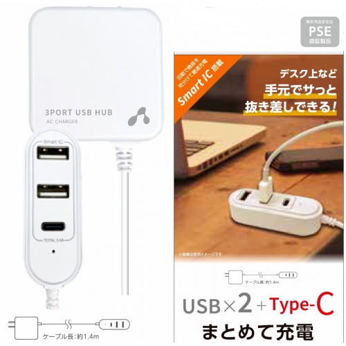 Type-Cポート&2ポートUSBハブ付きコンセント充電器