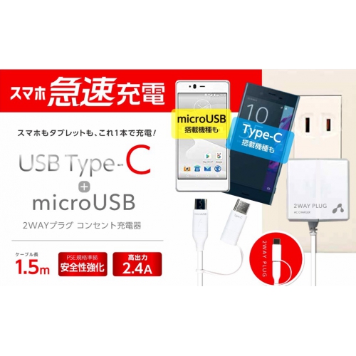 2WAY(マイクロUSB・Type-C)プラグコンセント充電器 AKJ-MCT24BK 画像