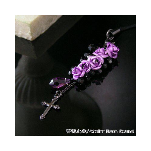 †紫薔薇とクロスのブラックゴシック携帯ストラップ†amethyst